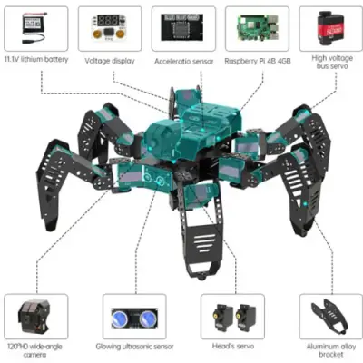 Hiwonder SpiderPi AI Görüntü İşleyen Hexapod Örümcek Robot (Raspbery Pi 4 4Gb)