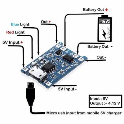 Lithium Pil Şarj Modülü (Korumalı) - TP4056, Micro USB Konnektör, BMS